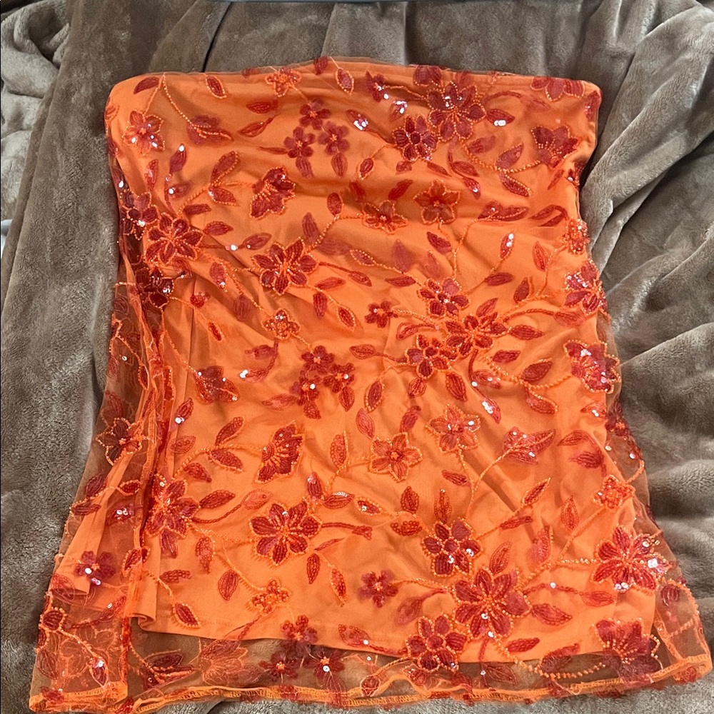 Orange Floral Sequin Strapless Top